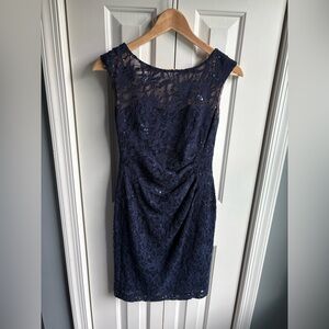 Lauren Ralph Lauren Blue Floral Lace Sequin Ruched Stretch Tank Dress Size 0P